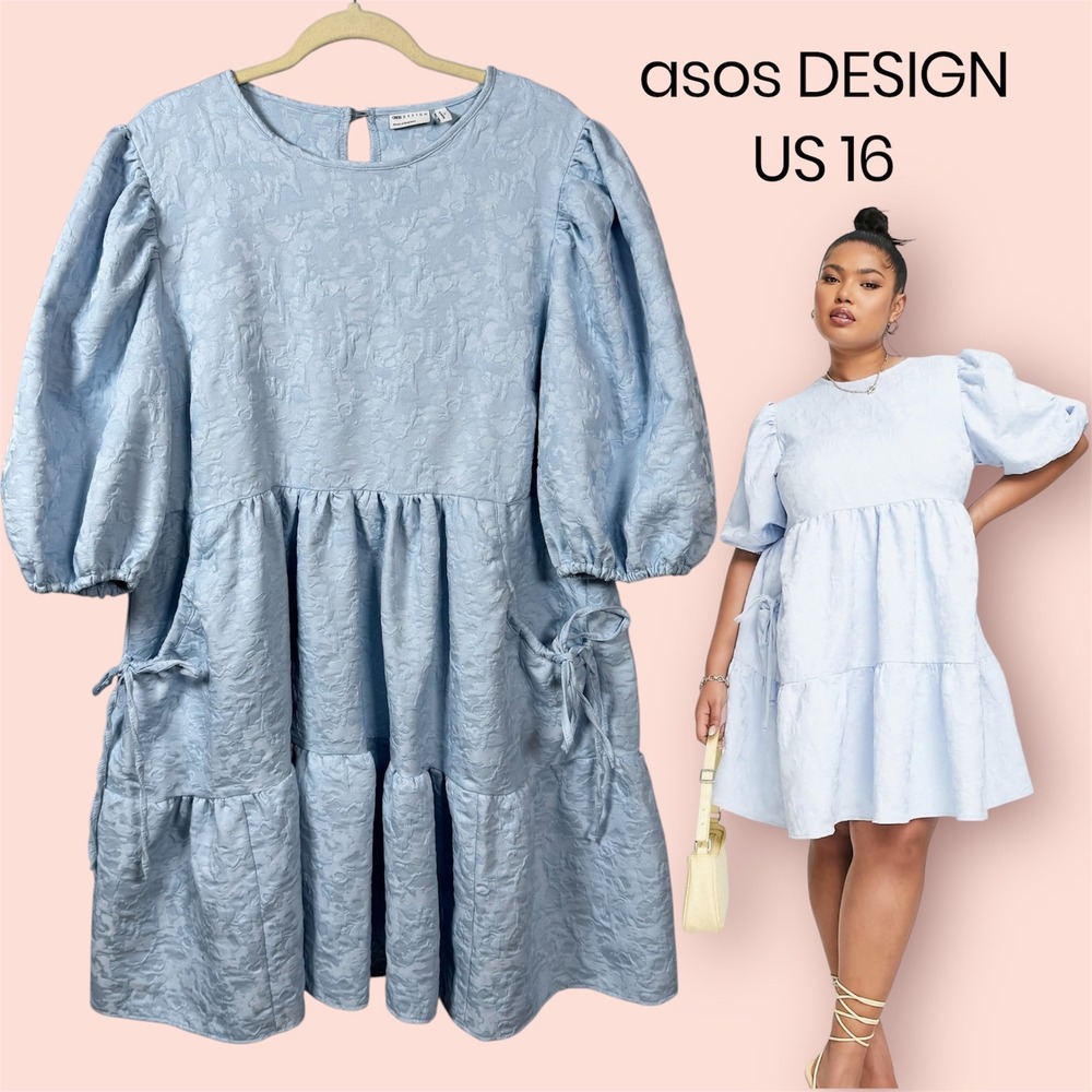 ASOS Design Curve‎ US 16 Jacquard Tiered Mini Dress Blue Floral Babydoll Pastel